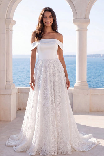 Vedress off shoulder satin a-line wedding dress, solid bodice floral lace skirt bridal gown with sweep train, front view
