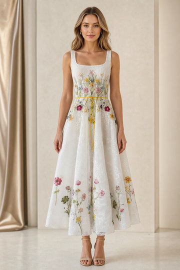 Floral Embroidered A-Line Square Neck Sleeveless Low Back Midi Garden Wedding Bridesmaid Dress