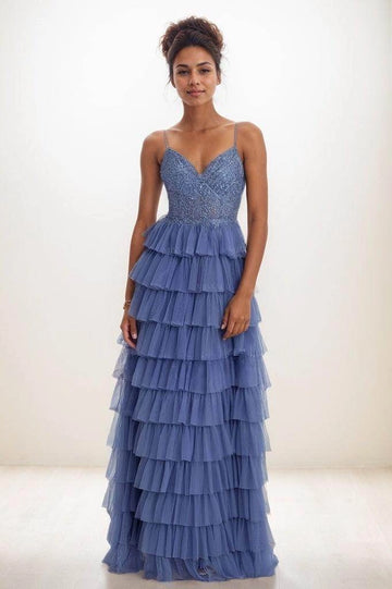 Dusty Blue Spaghetti Strap V-Neck Beaded Tiered Tulle Cutout Back Long Prom Dress