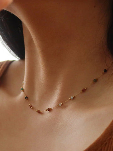 Gold-Tone Multicolor Beaded Delicate Chain Necklace