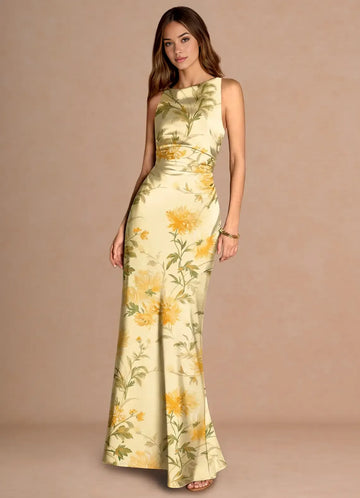 Elegant Mermaid Boat Sleeveless Printed Satin Floor Length Cross Back Ruched Party Dress