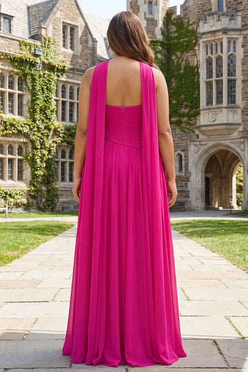 Vedress hot pink formal dress strapless plain open back flowy sash long prom dress rear view