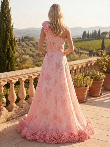 Back‑view Vedress concealed zip‑back floral bridal dress with rose hem trim