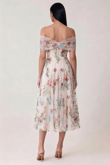 Off Shoulder Colorful Floral Embroidered Tulle Midi Wedding Guest Dress