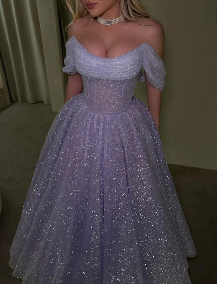 Rear view of Vedress lace‑up corset‑back sparkly long formal gown