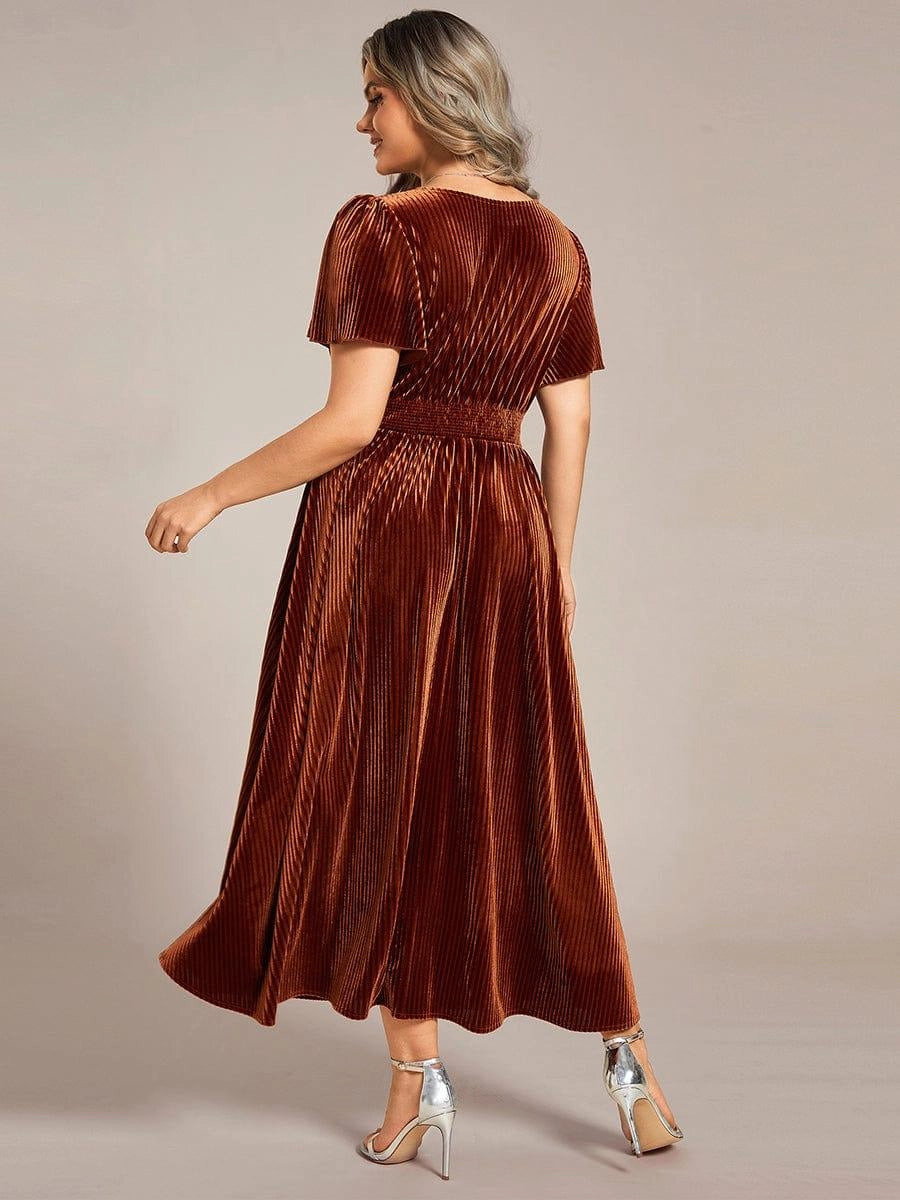 VEDRESS seamless round‑back corduroy velvet mid‑calf wedding guest formal gown rear view