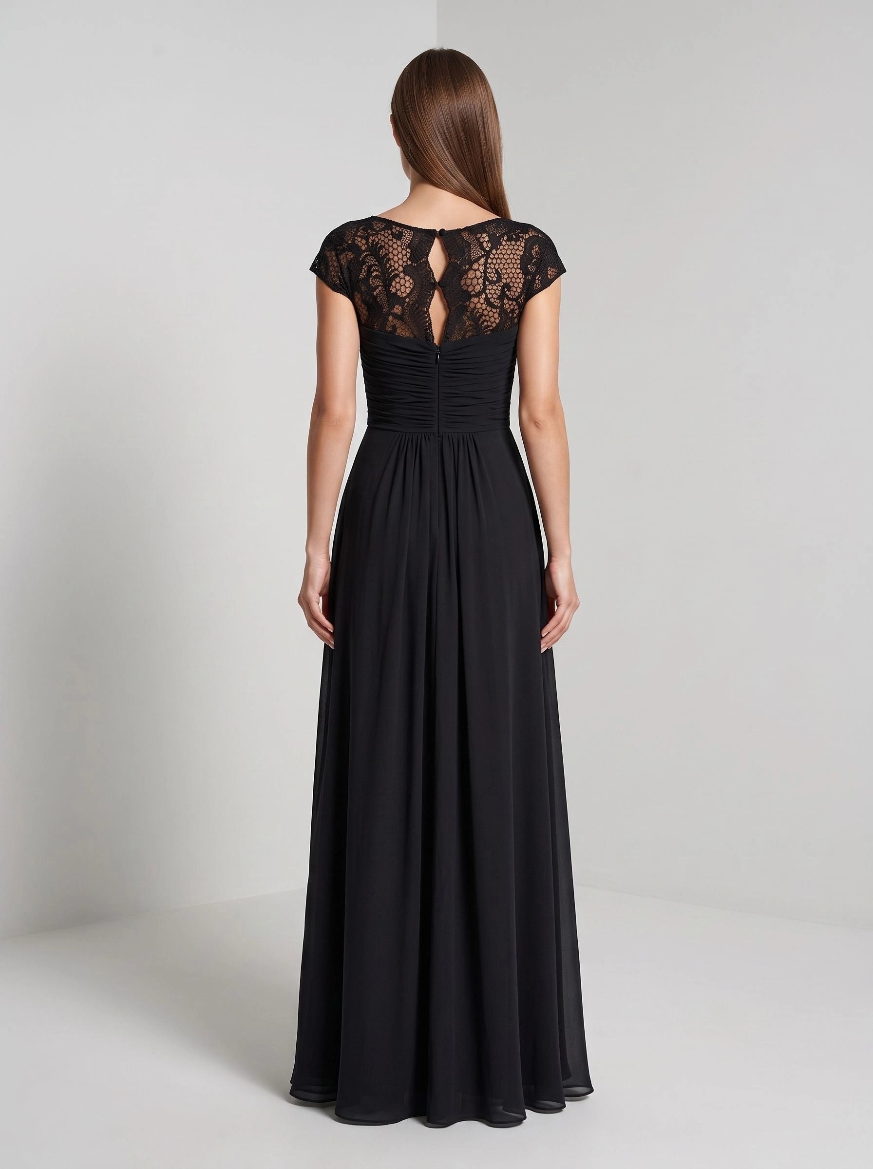 Keyhole ruched zip‑back black lace chiffon long mother of the bride formal dress