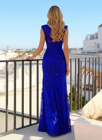 Vedress royal blue sparkly lace mermaid prom gown,high neck keyhole front,cap sleeve,high thigh slit,solid lace‑covered back