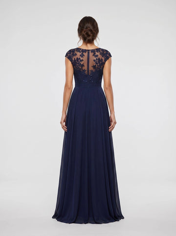 Illusion lace back navy chiffon a‑line long mother of the bride evening dress