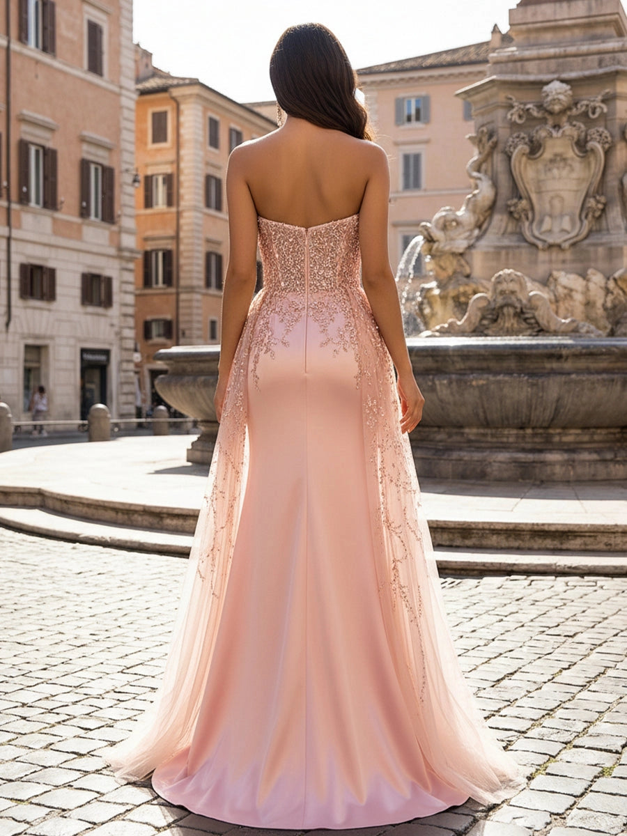 Vedress blush pink strapless sweetheart prom gown,sparkly beaded bodice,satin mermaid skirt,glitter tulle side overlay floor‑length dress