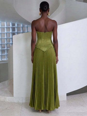 Closed zipper‑back strapless olive corset top pleated skirt formal prom gown