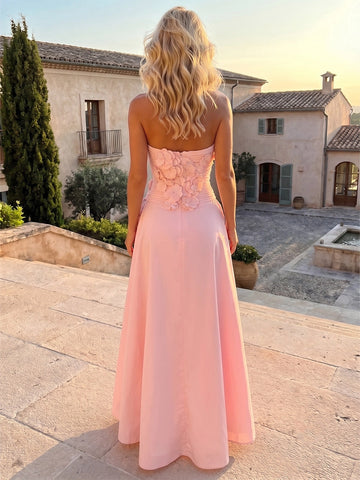 Zipper‑back strapless pink three‑dimensional flower formal prom gown