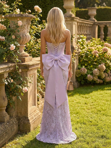 Vedress lilac mermaid wedding dress, strapless folded corset bodice, hollow floral lace skirt, oversized satin back bow, lace‑up back and side thigh slit