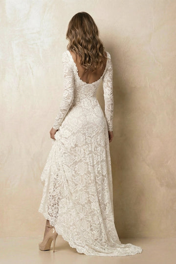 Boho Mermaid Boat Neck Long Sleeve U Open Back Train Wedding Bridal Dress