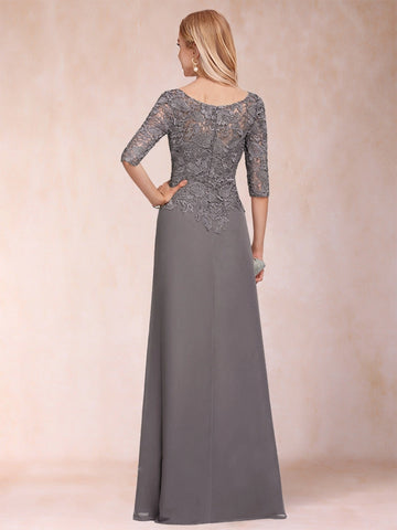 Back view charcoal gray formal gown,floral lace bodice,hidden zipper closure vedress