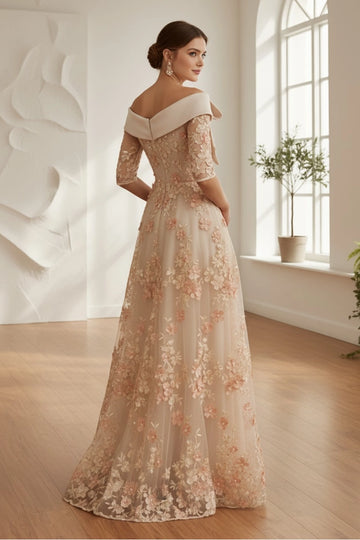 Elegant A-Line Off-Shoulder Half Sleeve V-Back Floor Length Wedding Guest Dress