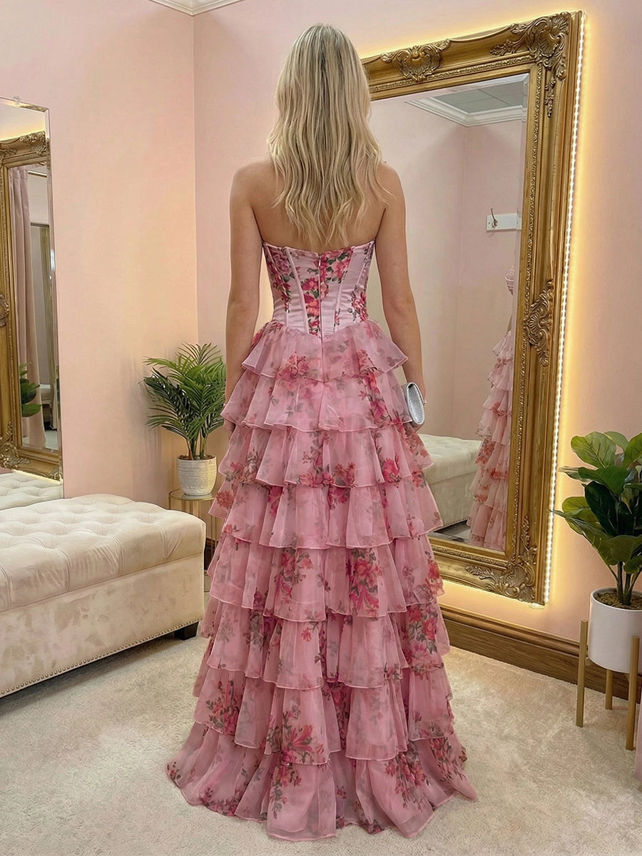 Floral print sheer tulle corset open‑back tiered ruffle prom gown