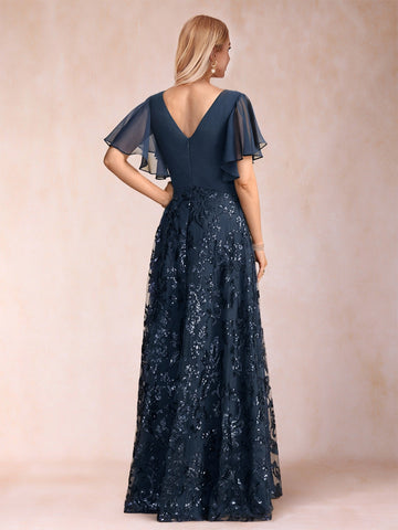 Back view navy formal evening dress,deep v‑back,hidden zipper closure vedress