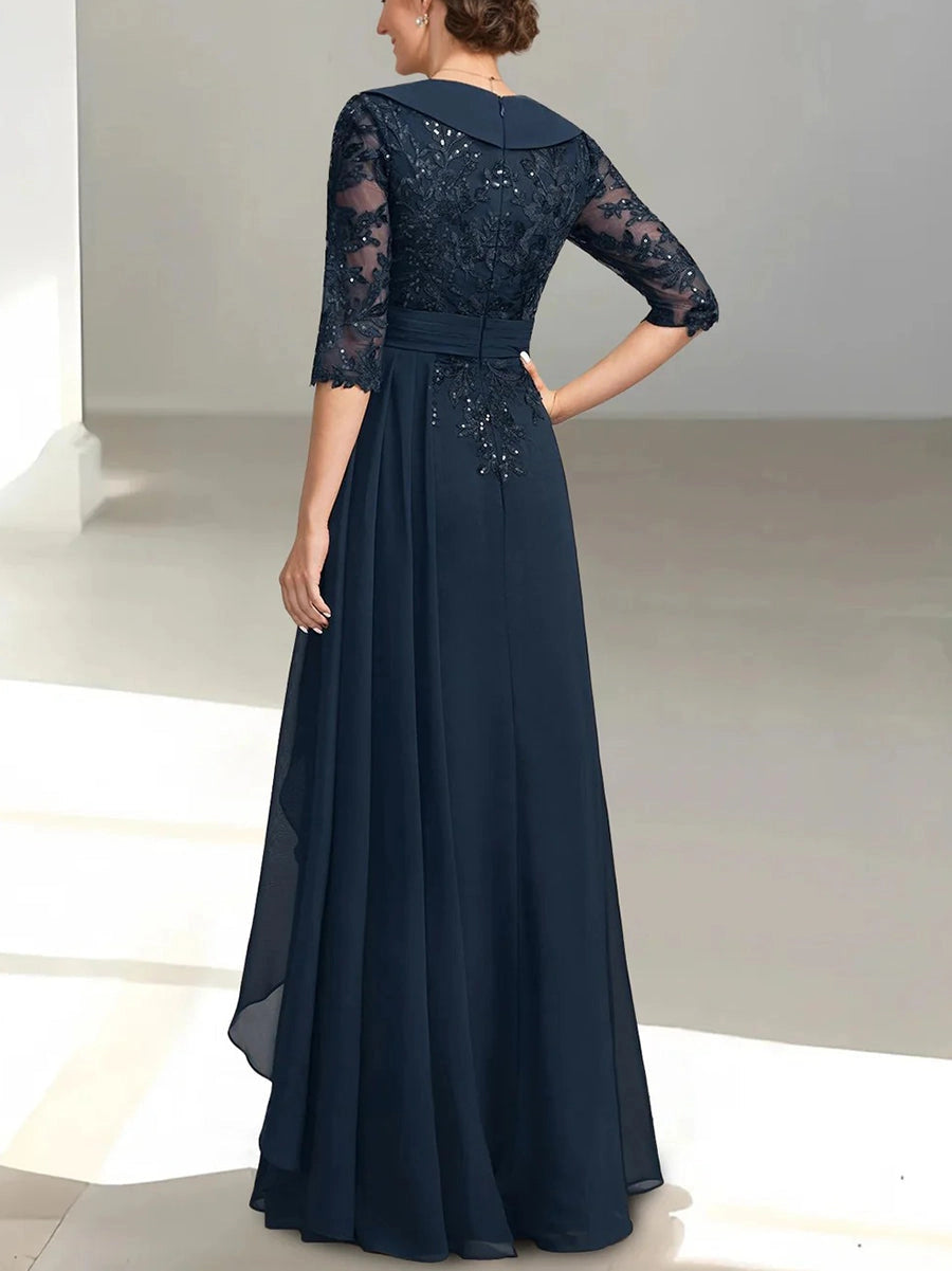 Full back view:covered back,invisible zipper,lace sequin upper back,flowing chiffon long skirt