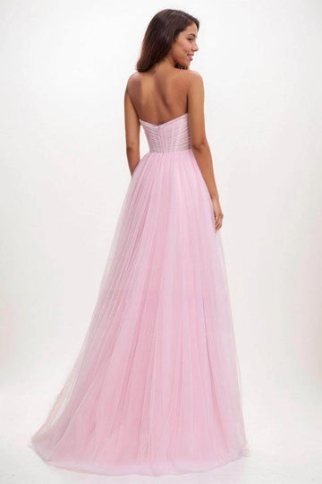 Light Pink Strapless Sweetheart Corset Tulle A-Line Long Formal Prom Dress