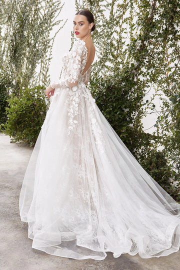 Romantic 3D Floral A-Line Deep V Long Sleeve Low Back Tulle Wedding Dress