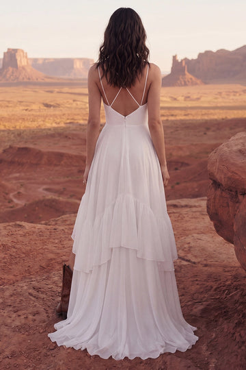 Western A-Line Deep V Spaghetti Strap Criss Cross Back Slit Ruffled Chiffon Elopement Wedding Dress