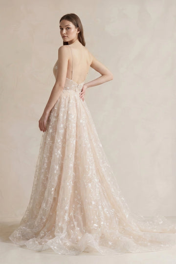Romantic A-Line V Neck Sleeveless Low Open Back Train Wedding Bridesmaid Dress