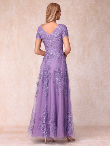 Back view purple formal gown,deep v‑back,hidden zipper closure vedress