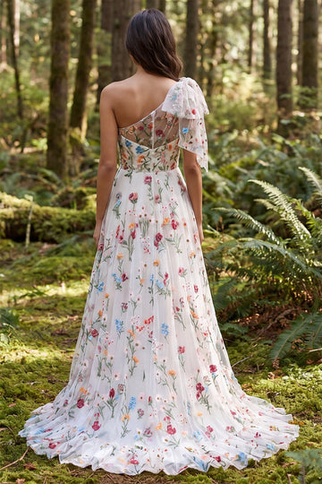 Romantic A-line One Shoulder Bow Sleeve Sheer Back Slit Train Bridesmaid Dress