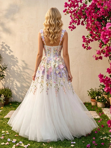 Back‑side Vedress zip‑back handmade flower applique thin‑strap bridal gown