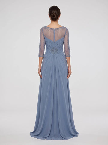 Illusion mesh back dusty blue chiffon beaded waist formal evening gown