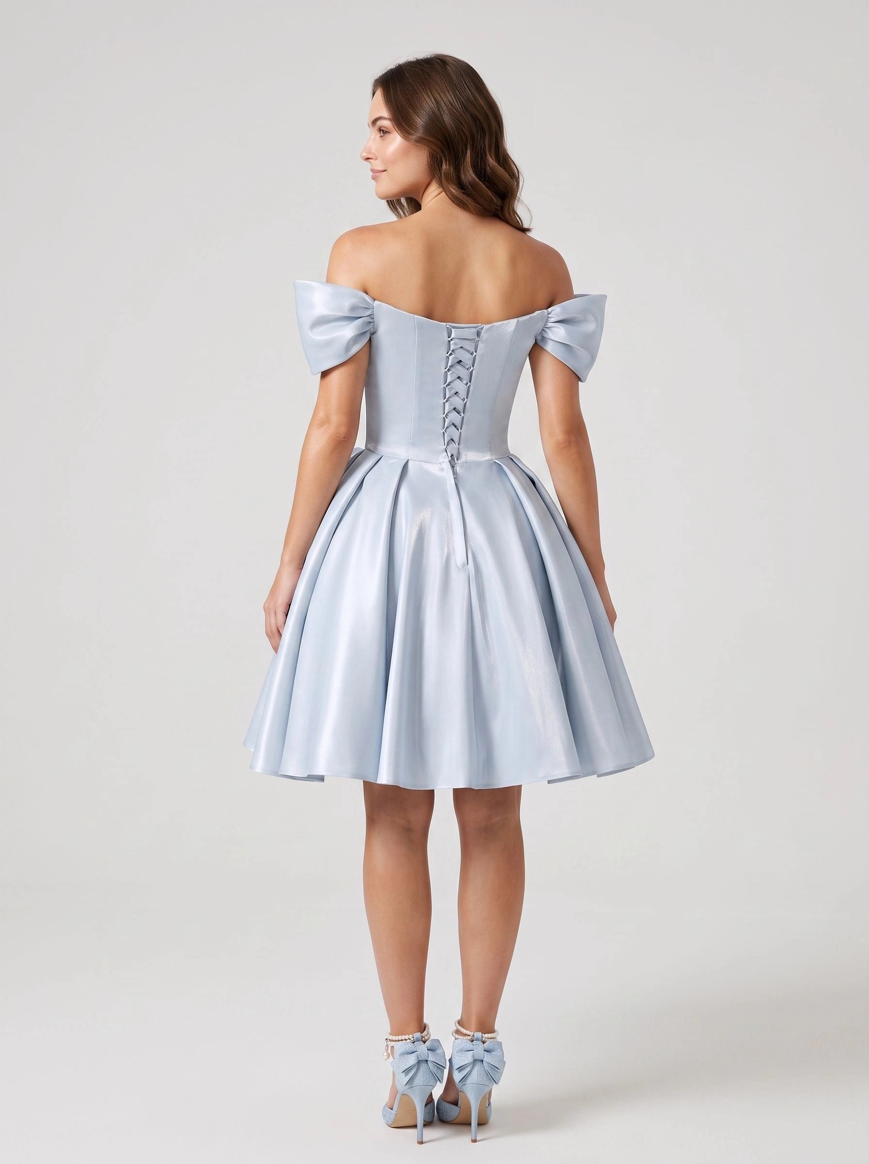 Vedress light blue off shoulder satin a line short homecoming dress with 3d roses front back view