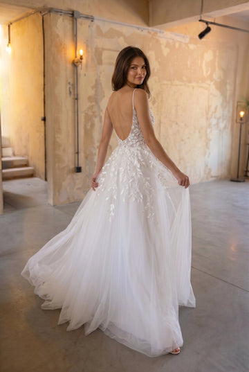 Vedress sheer leaf lace tulle bridal gown square strap deep low open back lightweight wedding dress rear view