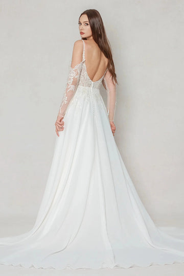 Romantic A-Line Deep V Spaghetti Strap Long Sleeve Low Back Court Train Bridal Wedding Dress