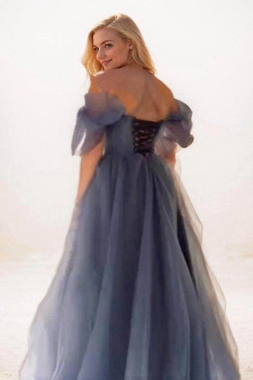 Dusty Blue Off The Shoulder Puff Sleeve Slit Tulle Lace-Up Back Long Prom Dress