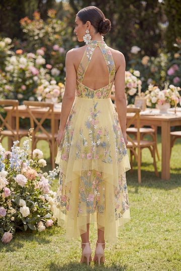 Yellow Floral Midi Halter Keyhole Back High Low Prom Dress