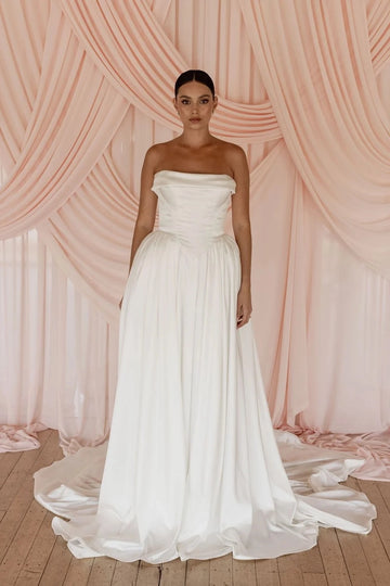 Romantic Ballgown Off-shoulder Sleeveless Button Back Cathedral Train Ivory Satin Wedding Dress