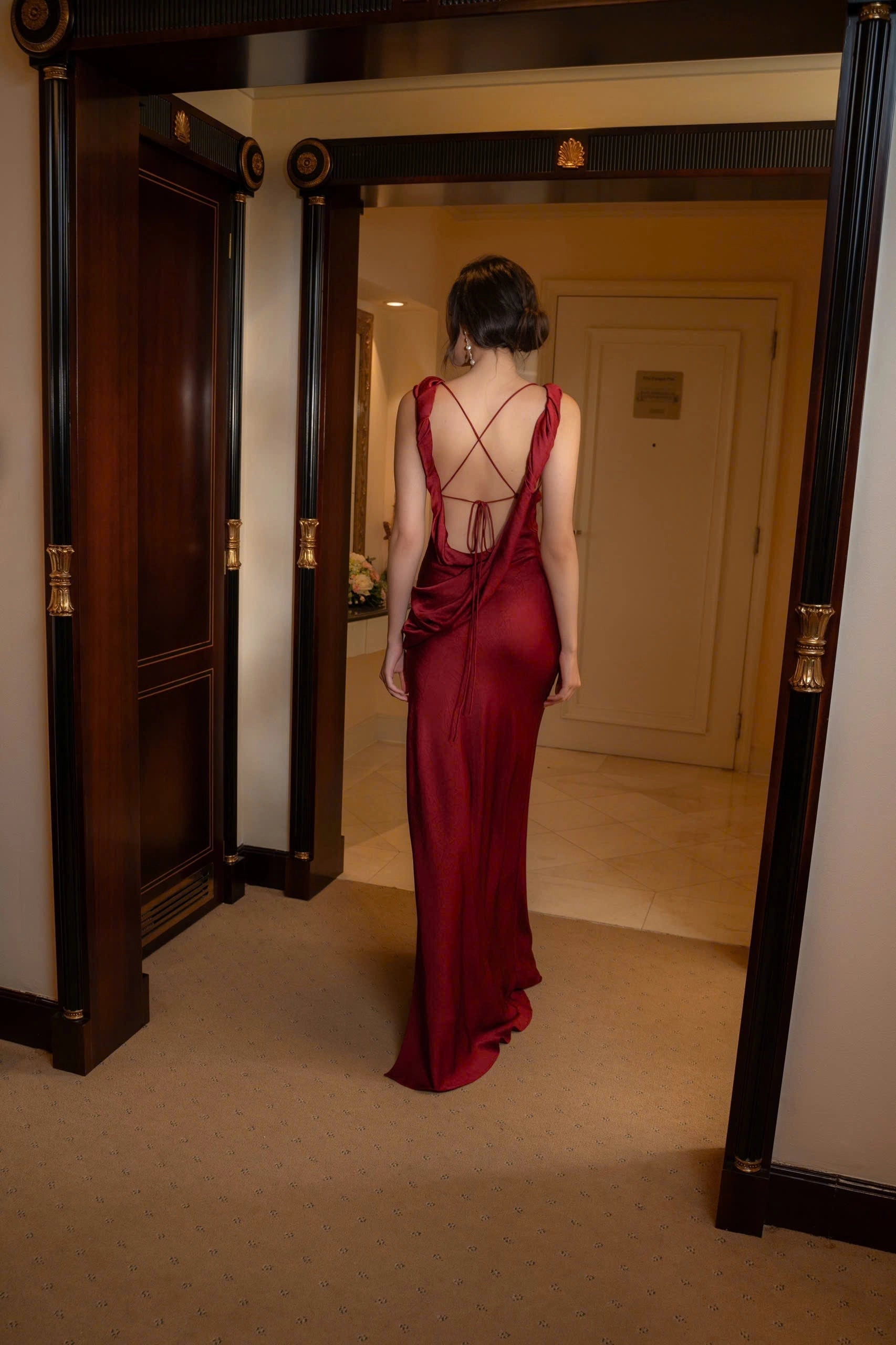 Vedress red satin evening gown adjustable criss‑cross lace‑up hollow‑out back rear view