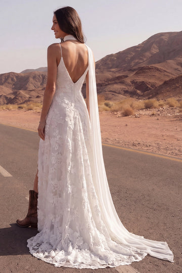 Boho 3D Floral A-Line Spaghetti Strap Deep V Low Back Front Slit Elopement Wedding Dress