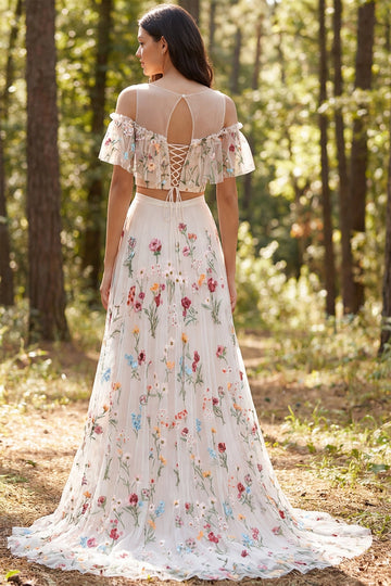 Whimsical A-line Illusion Off Shoulder Lace Up Back Slit Train Bridesmaid Dress