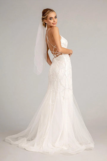 Art Deco Beaded Mermaid Spaghetti Strap V Neck Criss Cross Lace Up Tulle Wedding Dress