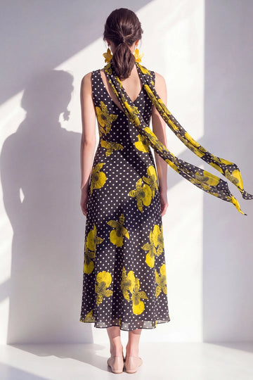 Vedress chiffon deep V back printed a-line casual formal dress detachable scarf back view