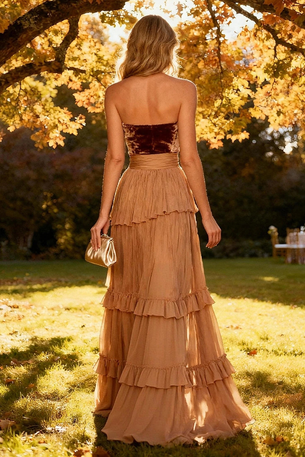 Vedress strapless velvet back zip flowy long formal gown back view