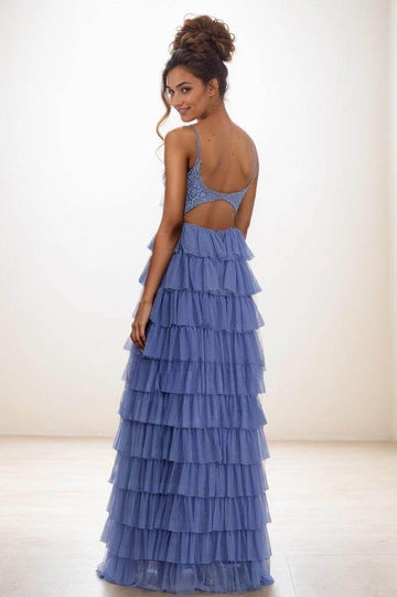 Dusty Blue Spaghetti Strap V-Neck Beaded Tiered Tulle Cutout Back Long Prom Dress