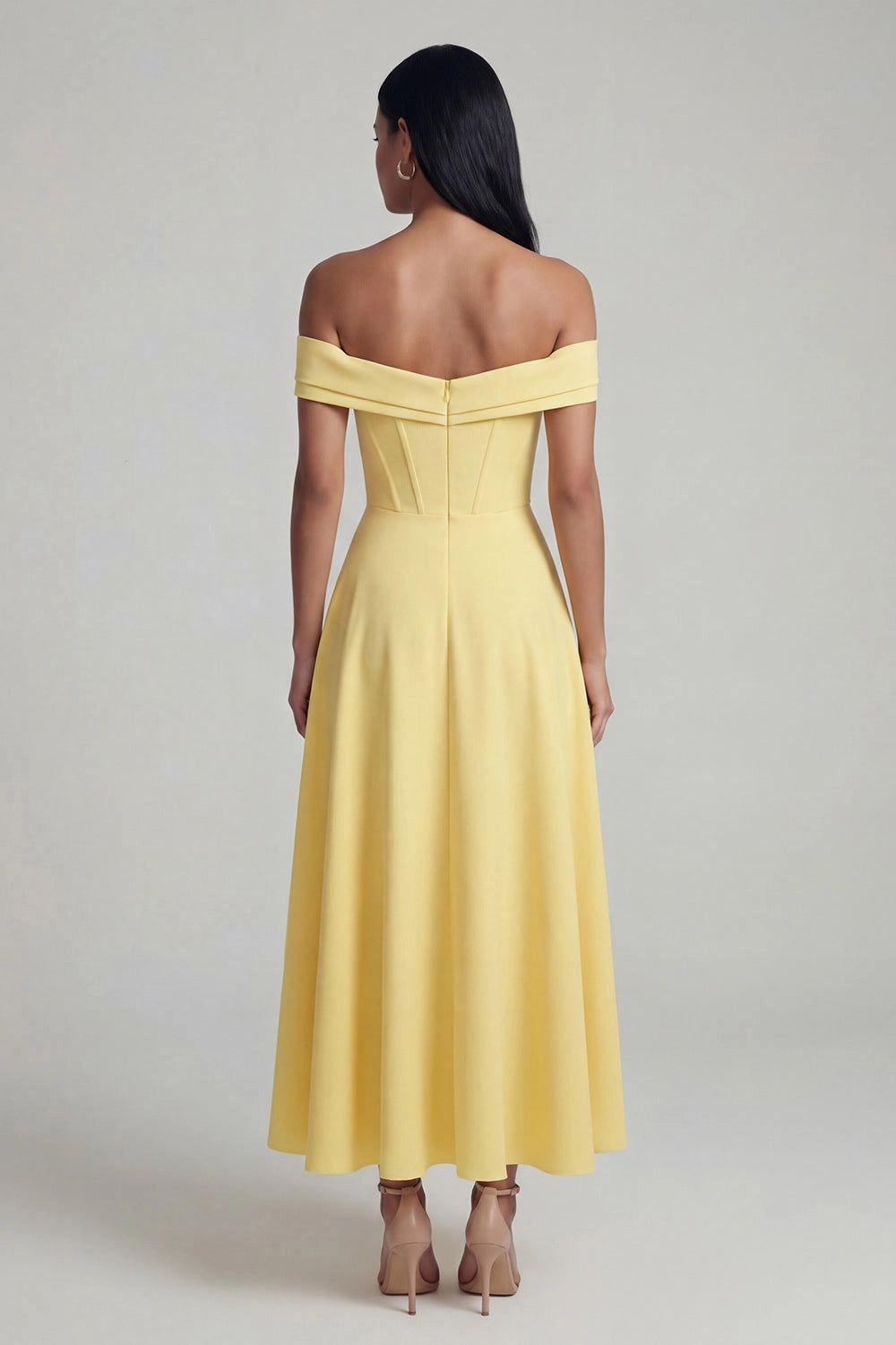 Vedress solid yellow off shoulder midi dress back view with center zipper