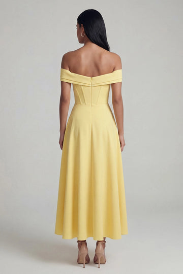 Vedress solid yellow off shoulder midi dress back view with center zipper