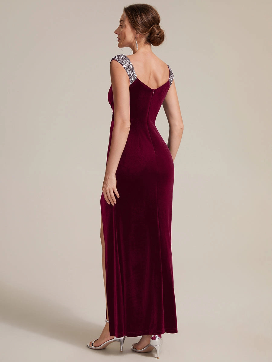 Vedress low V‑back zipper‑up velvet formal mother‑of‑the‑bride dress rear shot with glitter shoulder straps