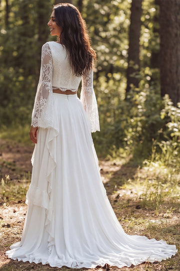Vedress zip back two piece lace bridal gown bell sleeve high slit train forest backdrop