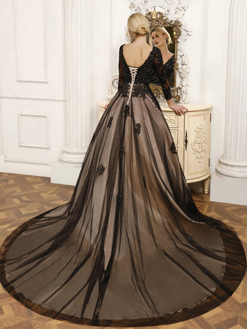 Elegant A Line V Neck Long Sleeve Lace Up Cathedral Train Wedding Dress
