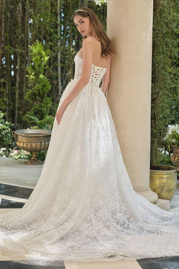 Classic A-Line Strapless Scalloped Neck Corset Lace Up Cathedral Train Wedding Dress